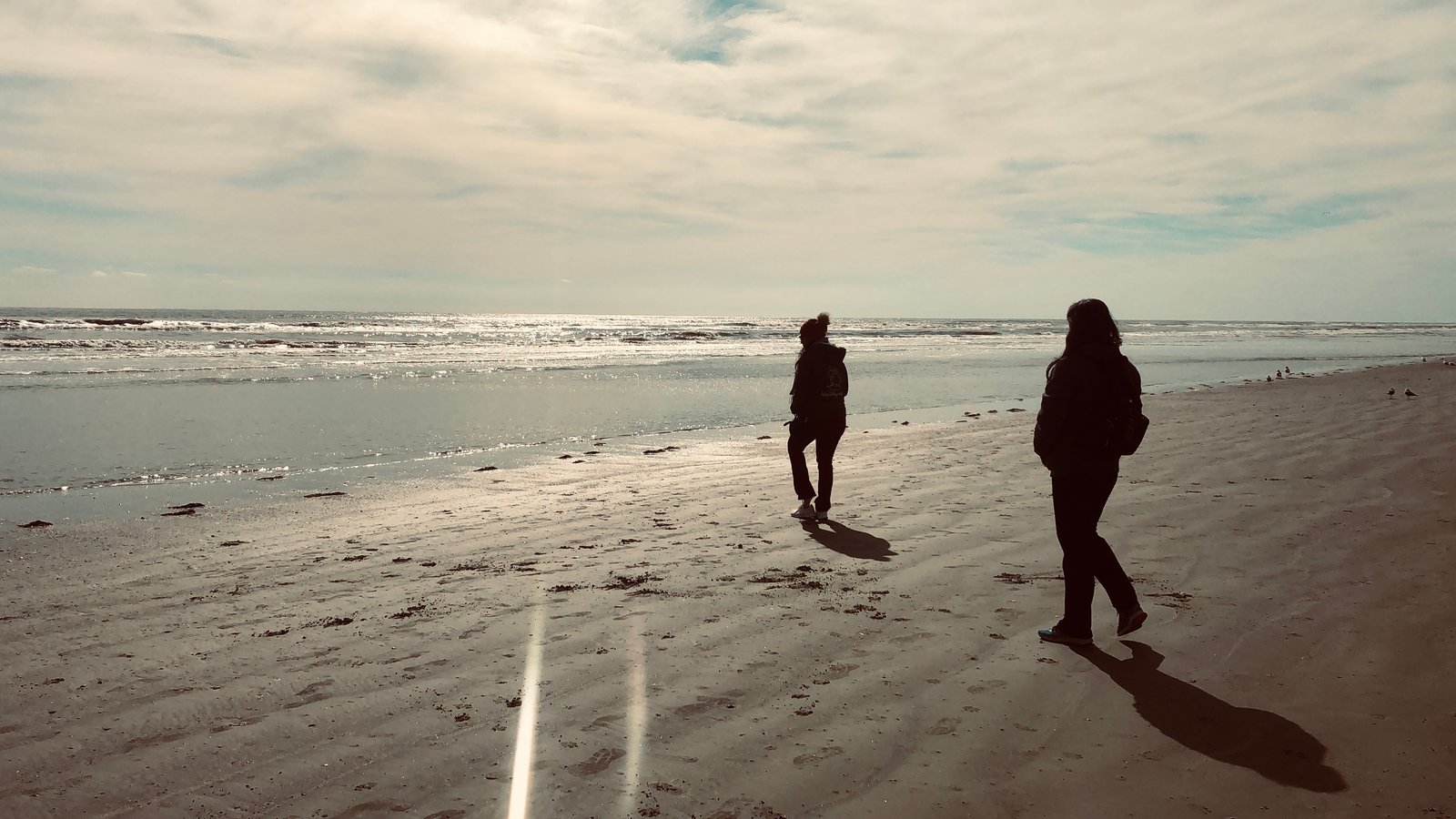 Two women walking the beach together