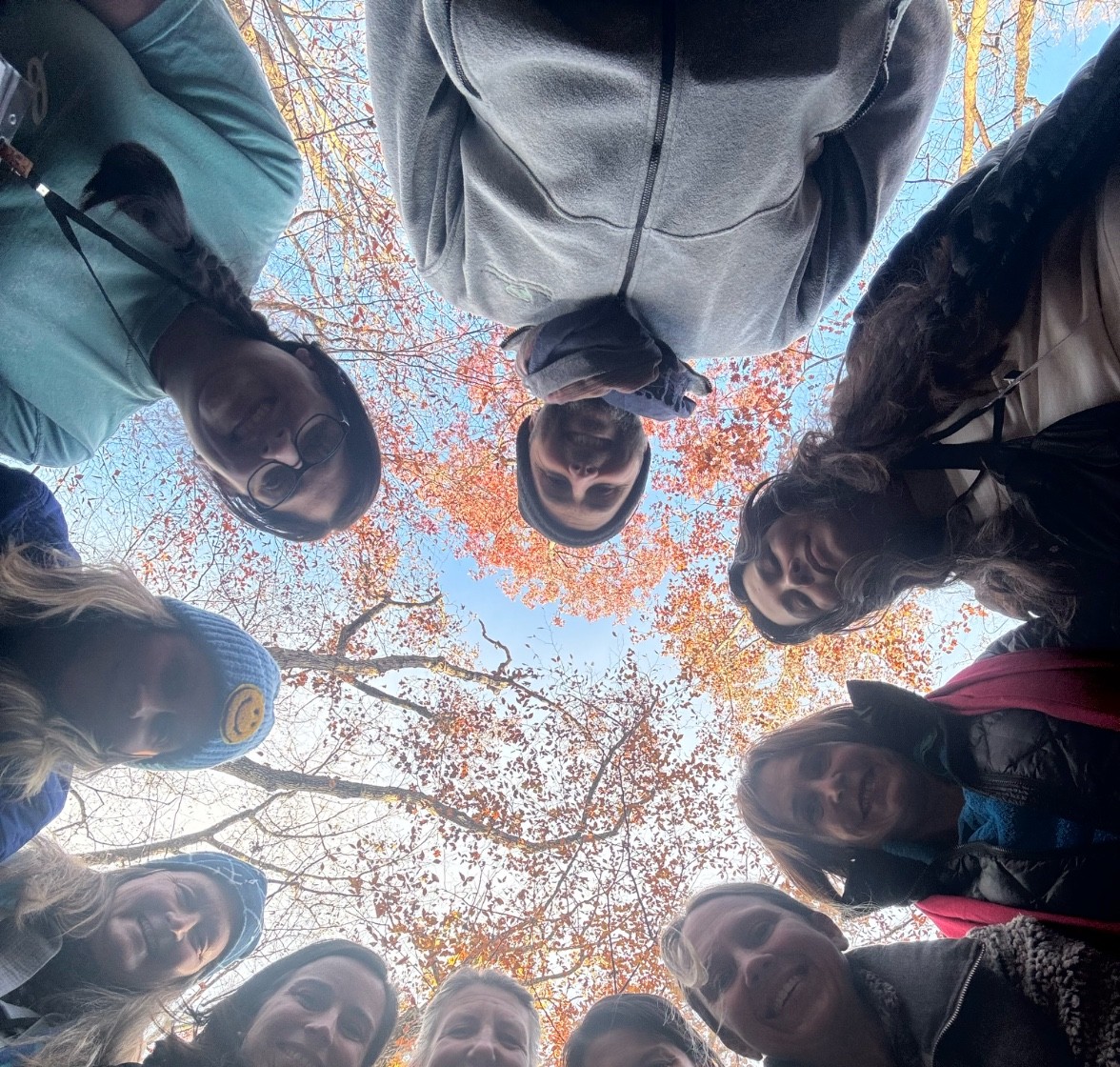 A group huddled in a circle looking up and smiling, framed by golden autumn tree canopy overhead