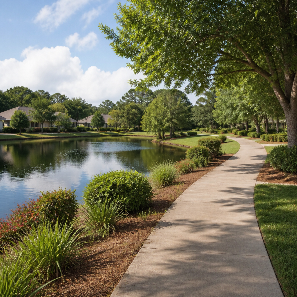 A paved walking path circling a calm pond in a landscaped neighborhood